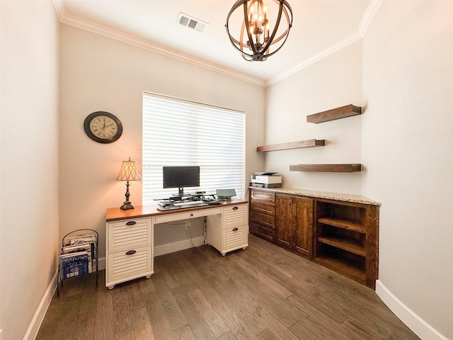 office space with crown molding, dark hardwood / wood-style floors, and a chandelier