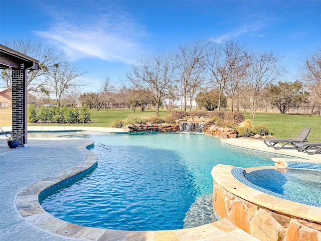 view of pool with pool water feature and a lawn