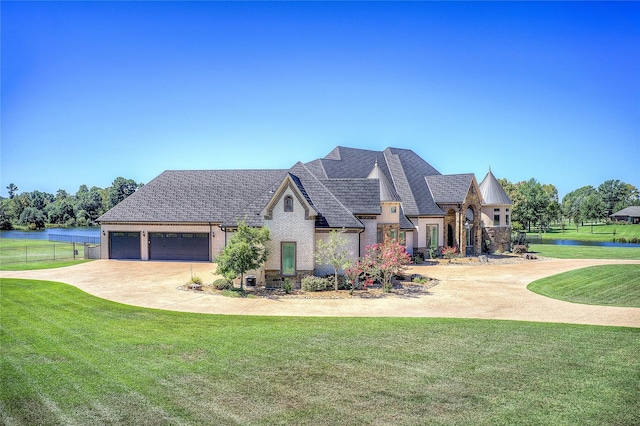 french provincial home with a water view, a garage, and a front yard