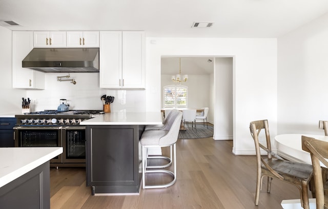 kitchen featuring visible vents, white cabinets, light countertops, under cabinet range hood, and double oven range