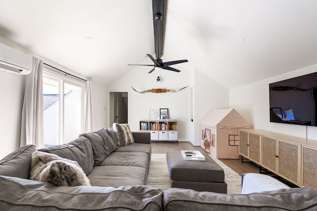 living area featuring lofted ceiling with beams, ceiling fan, wood finished floors, baseboards, and an AC wall unit