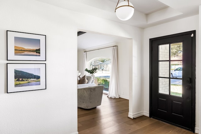 entrance foyer featuring a tray ceiling and dark wood-type flooring