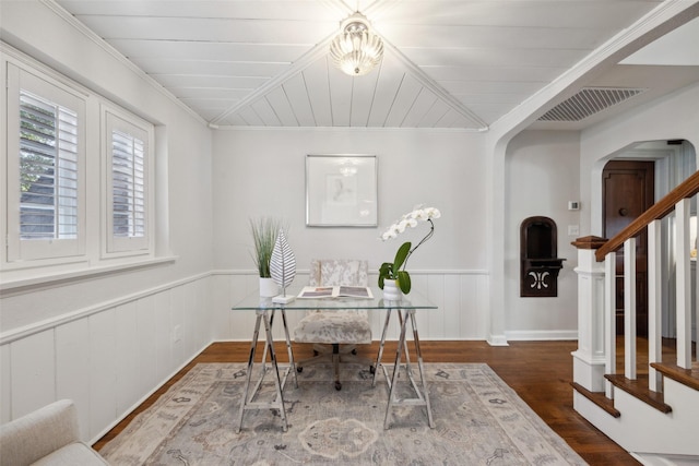 office area featuring ornamental molding, lofted ceiling, and dark hardwood / wood-style floors