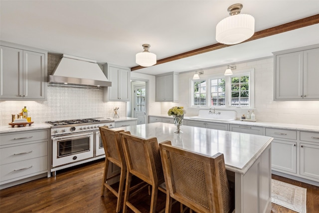 kitchen featuring dark hardwood / wood-style floors, sink, double oven range, a center island, and custom range hood