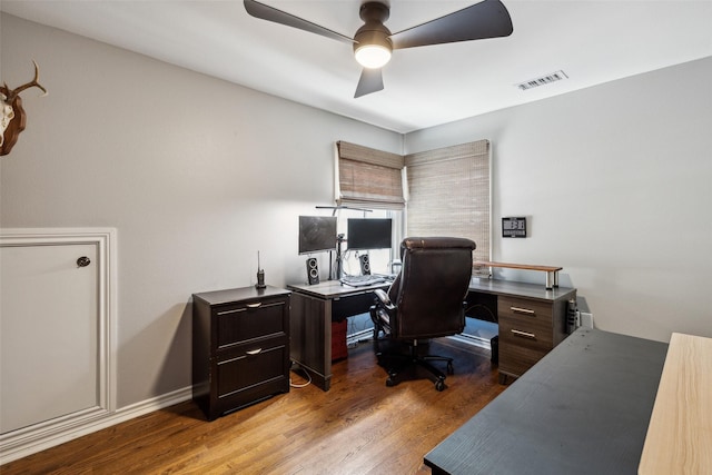 office area featuring hardwood / wood-style floors and ceiling fan