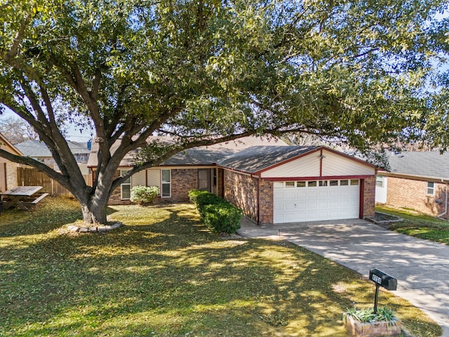 ranch-style house with a garage and a front yard