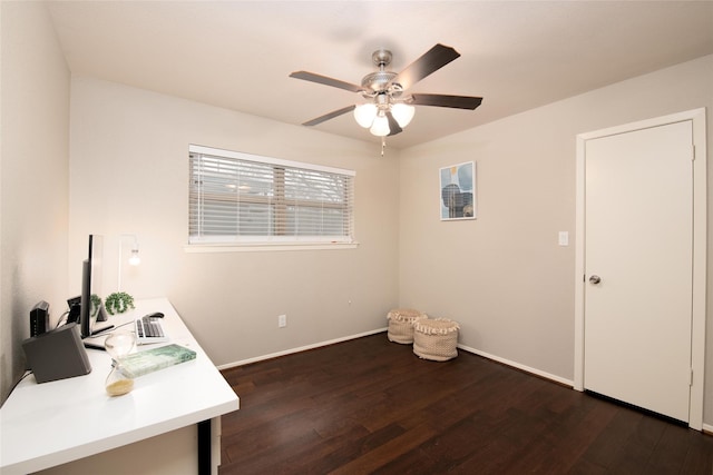 office with dark hardwood / wood-style floors and ceiling fan