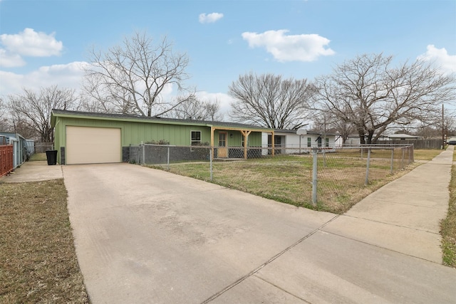 single story home with a garage and a front lawn