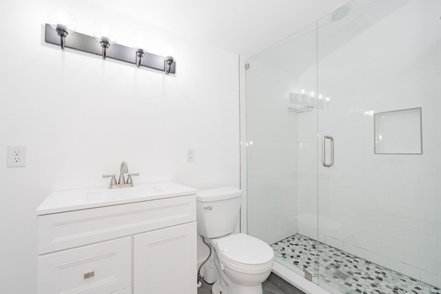 bathroom featuring vanity, a shower with door, and toilet