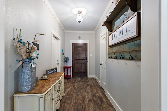 doorway with ornamental molding and dark hardwood / wood-style flooring