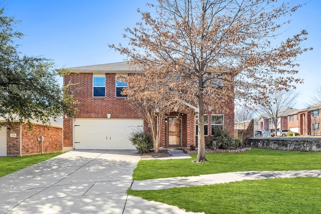 traditional-style home featuring a garage, a front yard, concrete driveway, and brick siding