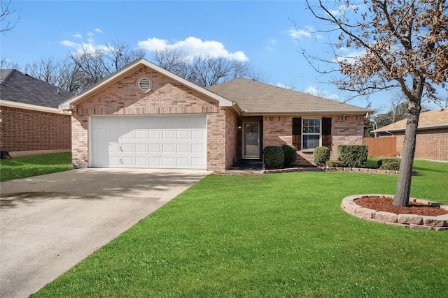 single story home with a garage and a front lawn