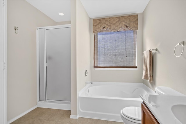 full bathroom with shower with separate bathtub, vanity, and toilet