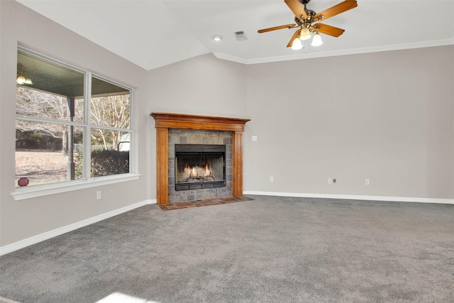 unfurnished living room featuring ceiling fan, visible vents, a tiled fireplace, carpet floors, and baseboards