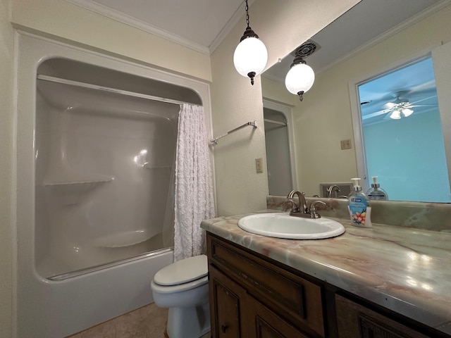 full bathroom featuring shower / tub combo with curtain, tile patterned flooring, ornamental molding, vanity, and toilet