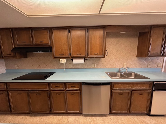 kitchen with black electric cooktop, stainless steel dishwasher, sink, and decorative backsplash