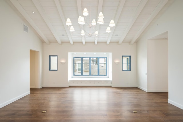 unfurnished living room featuring lofted ceiling with beams, wooden ceiling, a notable chandelier, and dark hardwood / wood-style flooring