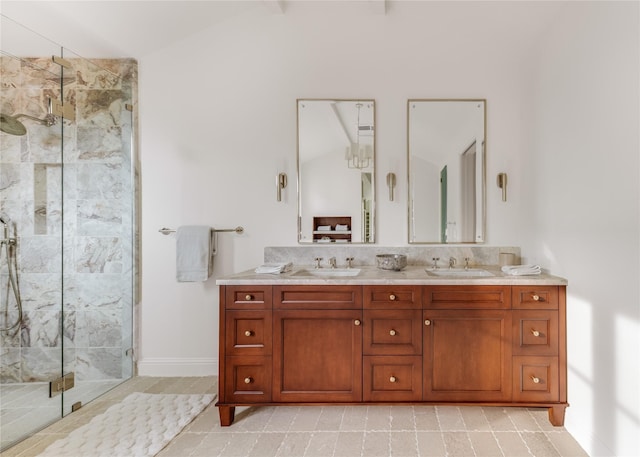 bathroom with lofted ceiling with beams, vanity, tasteful backsplash, and walk in shower