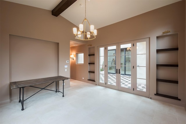 interior space with built in features, high vaulted ceiling, beamed ceiling, a chandelier, and french doors