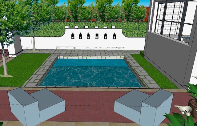 view of pool with a lawn