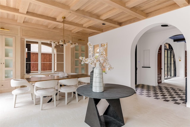 dining area with beam ceiling and wood ceiling