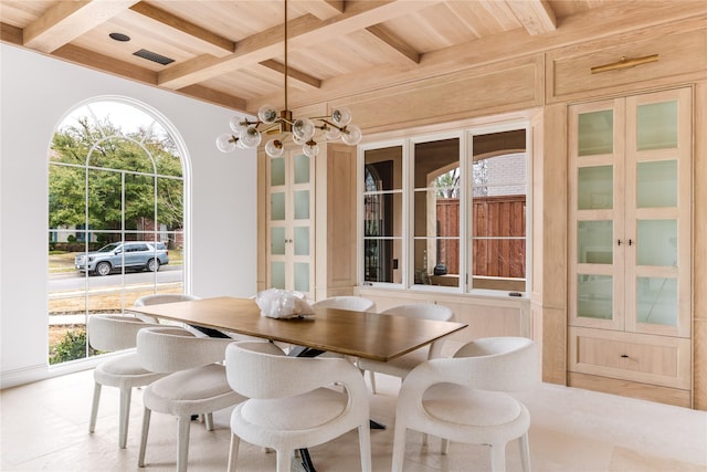 sunroom with beamed ceiling, coffered ceiling, and a chandelier