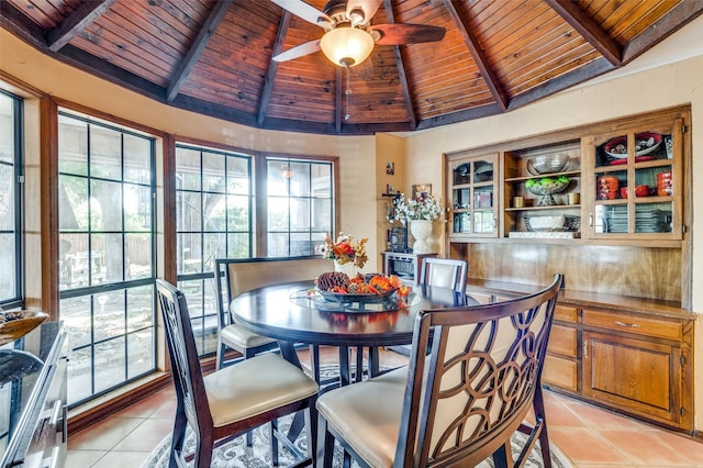 tiled dining area with vaulted ceiling with beams, wood ceiling, and plenty of natural light