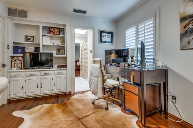 office space with ornamental molding and dark hardwood / wood-style floors