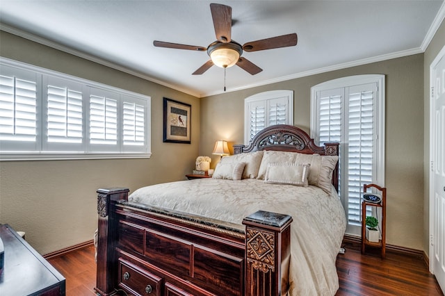 bedroom featuring dark wood-type flooring, ceiling fan, and ornamental molding