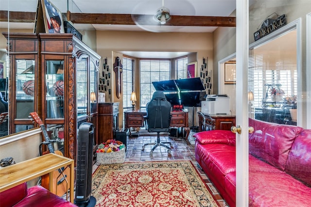 home office with beamed ceiling