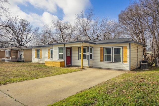 single story home with cooling unit and a front lawn