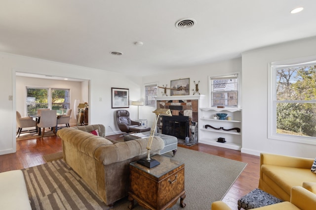 living room with plenty of natural light, dark hardwood / wood-style floors, and a stone fireplace