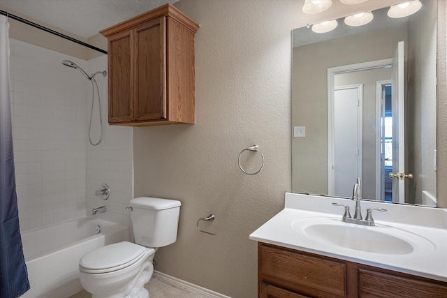 full bathroom with vanity, shower / bathtub combination with curtain, and toilet