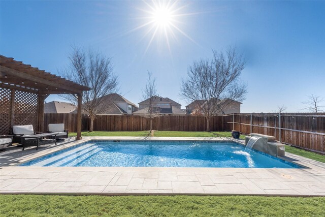 view of swimming pool featuring a patio, pool water feature, and a pergola