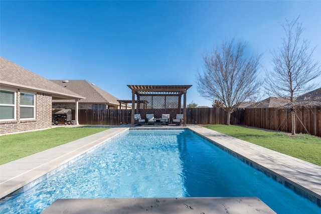 view of pool with a yard, a patio, grilling area, a pergola, and a fenced backyard