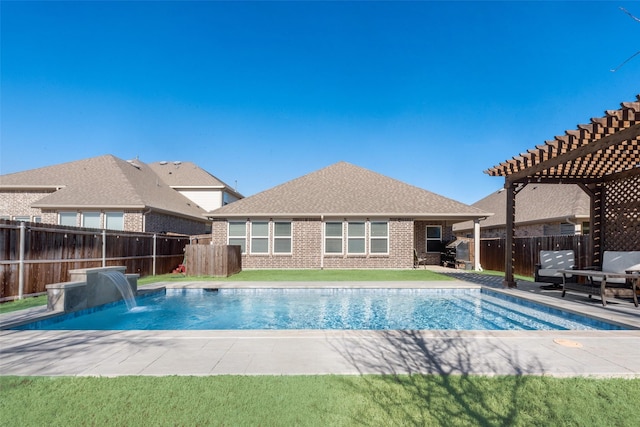 view of swimming pool with a fenced in pool, a fenced backyard, a patio, and a pergola