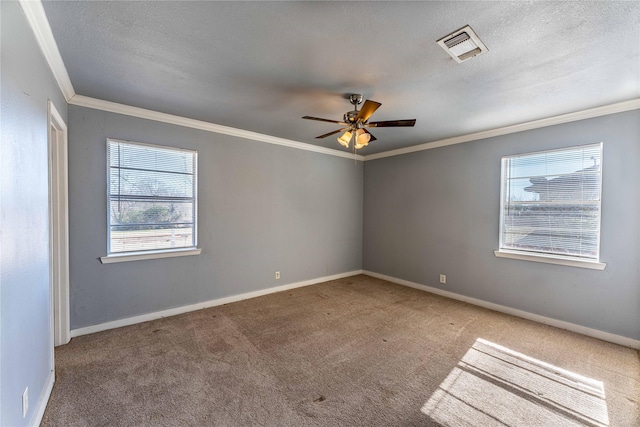 carpeted empty room featuring crown molding, ceiling fan, a healthy amount of sunlight, and a textured ceiling