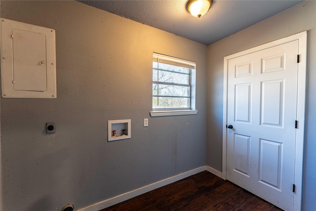 clothes washing area featuring hookup for an electric dryer, dark hardwood / wood-style floors, washer hookup, and electric panel