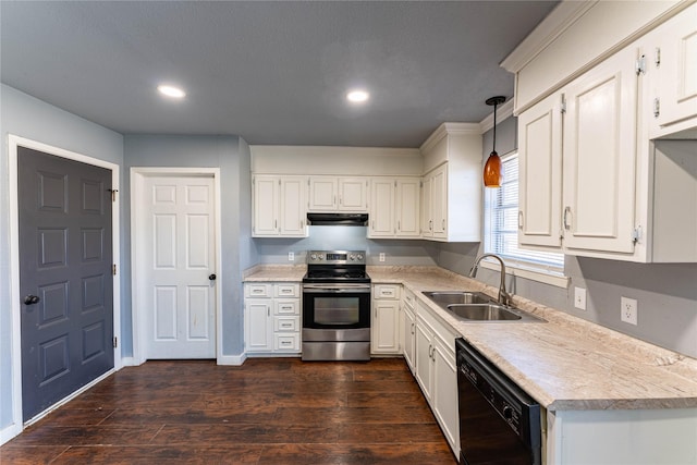 kitchen with sink, white cabinetry, black dishwasher, decorative light fixtures, and stainless steel range with electric cooktop