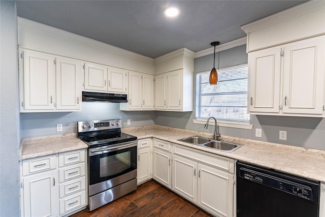 kitchen with stainless steel electric stove, black dishwasher, sink, and white cabinets