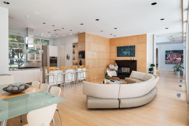 living room with floor to ceiling windows and light hardwood / wood-style floors