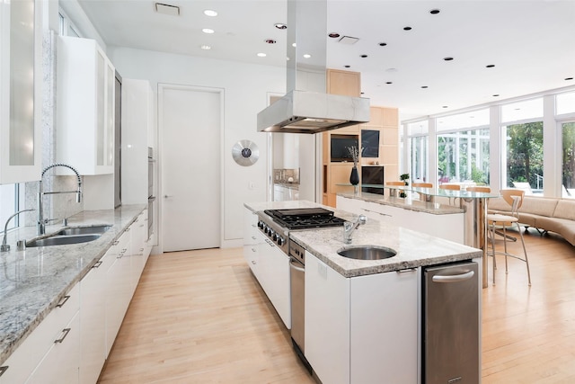 kitchen featuring sink, an island with sink, and white cabinets