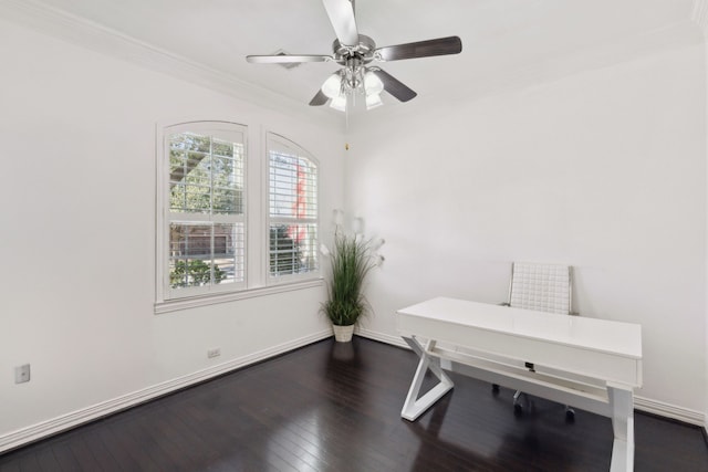 office area featuring ornamental molding, dark wood-type flooring, and ceiling fan