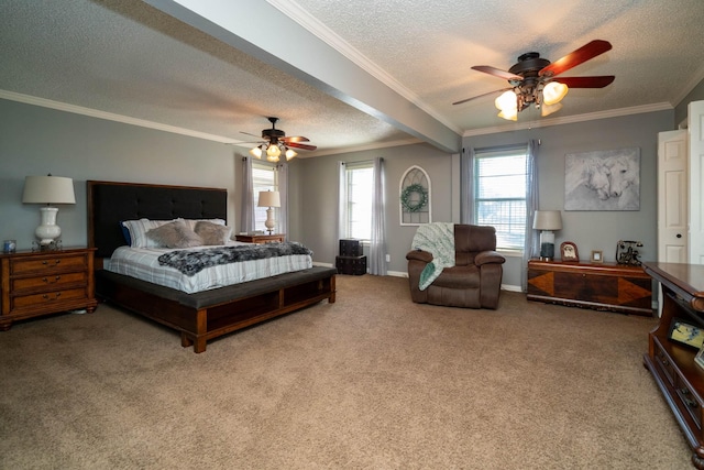 carpeted bedroom featuring ornamental molding, a textured ceiling, and ceiling fan