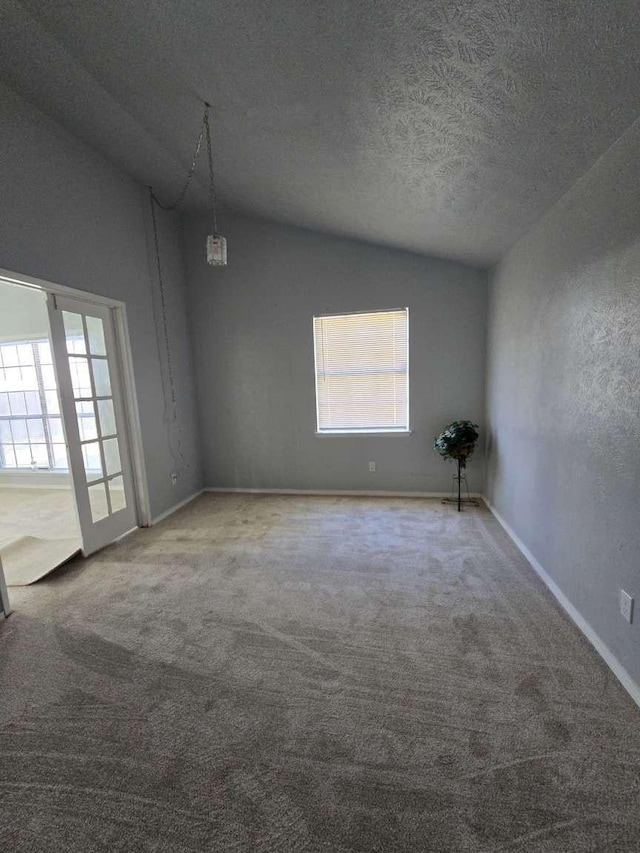 empty room featuring lofted ceiling, carpet floors, and a textured ceiling