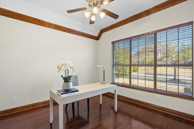 office with ornamental molding, lofted ceiling, dark hardwood / wood-style floors, and ceiling fan