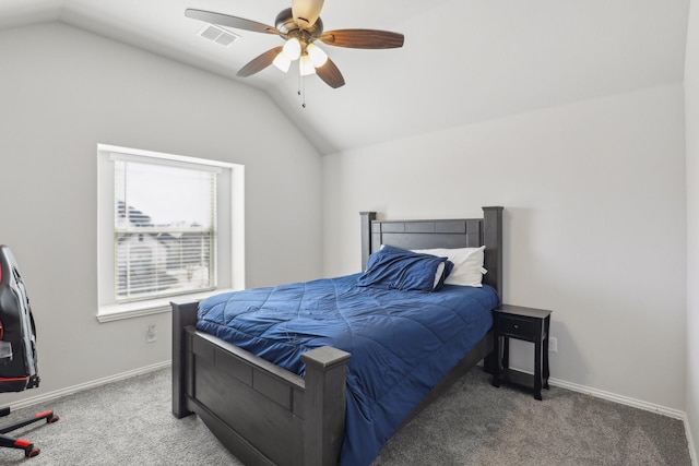 carpeted bedroom featuring lofted ceiling, baseboards, visible vents, and ceiling fan