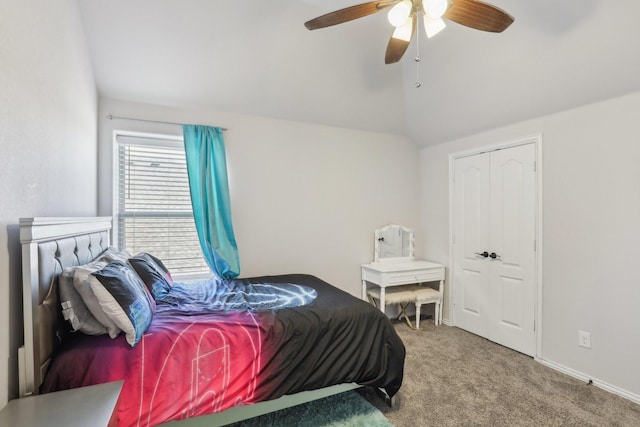 bedroom with vaulted ceiling, carpet flooring, a ceiling fan, and baseboards