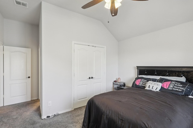 bedroom featuring lofted ceiling, ceiling fan, carpet flooring, and visible vents