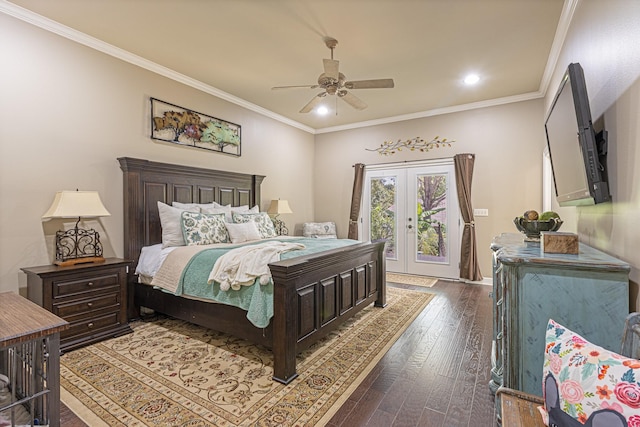 bedroom with crown molding, dark wood-type flooring, ceiling fan, access to exterior, and french doors